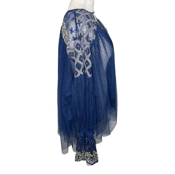 Free People Joyride Navy Blue Sheer Bell Sleeve Blouse Small - Picture 6 of 12